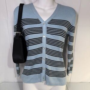 Oliver Perry Silk Blend Striped Cardigan Blue Black V-Neck Size L